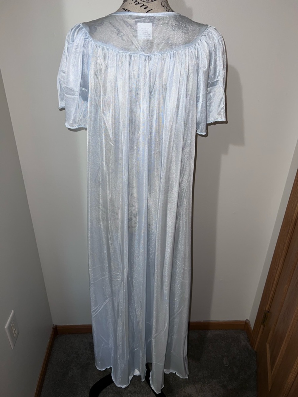 Granada Blue Liquid Satin Maxi Nightgown Lace Pearl Button Detail Medium - Picture 4 of 8